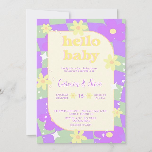 Invitation de baby shower rétro groovy à damier (Devant)
