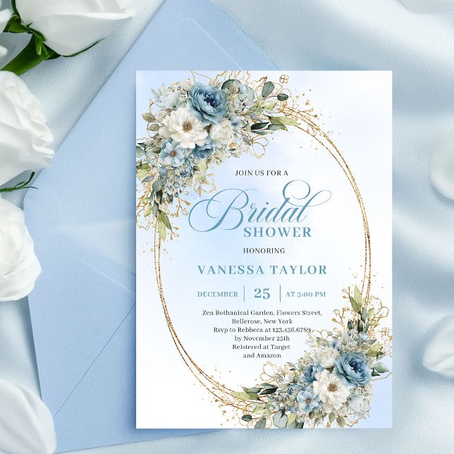 Invitation de Baby Shower Romantique aux Fleurs de (Romantic Dusty Blue Flowers Bridal Shower Invitation)