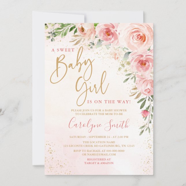 Invitation de Baby shower rose (Devant)