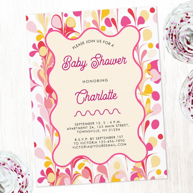 Invitation de Baby shower rose Abstrait rétro mode (Modern retro pink yellow abstract wavy baby shower postcard invitation with custom personalized text)