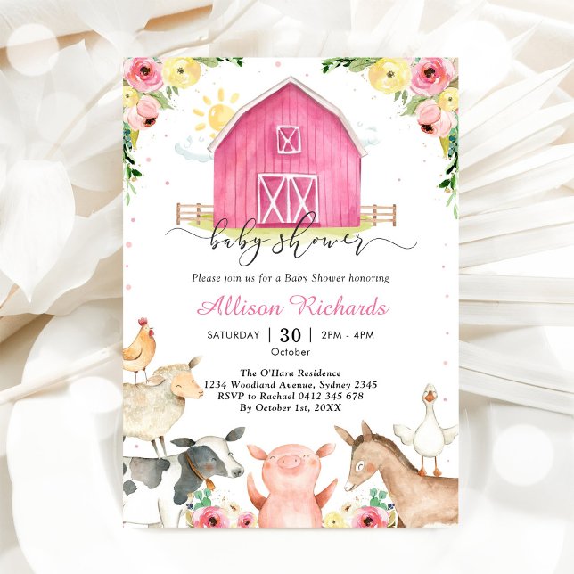Invitation de Baby Shower Rose Animaux de la Ferme (Créateur téléchargé)