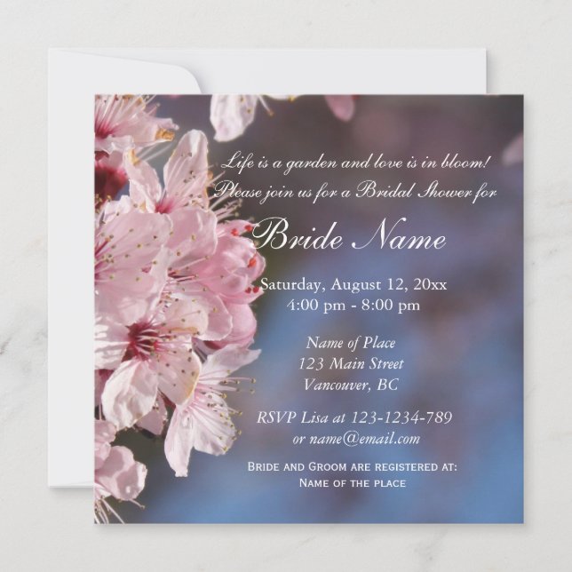 Invitation de baby shower rose avec fleurs de ceri (Devant)