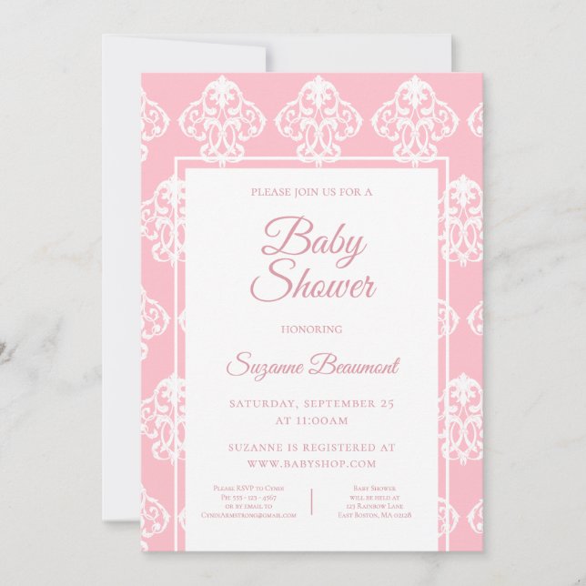Invitation de Baby Shower Rose Blanc Baroque Bohèm (Devant)