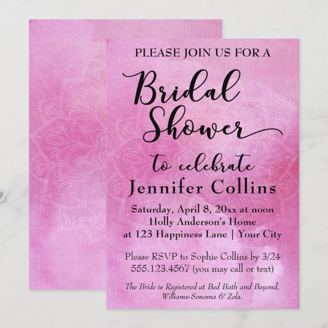 Invitation de Baby Shower Rose Bold Mandala Aquare (Devant / Derrière)