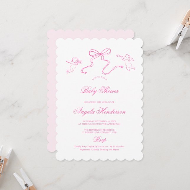 Invitation de Baby shower rose Bow à main mignonne (Devant/Arrière en situation)