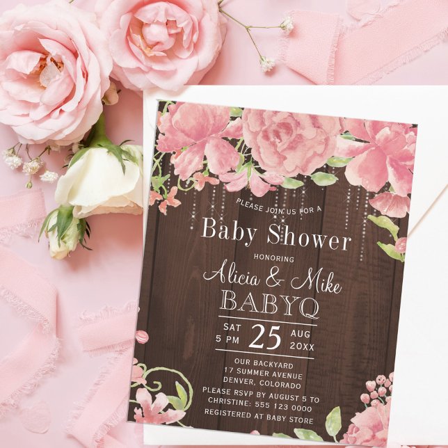Invitation de baby shower rose dans un jardin rust (Créateur téléchargé)