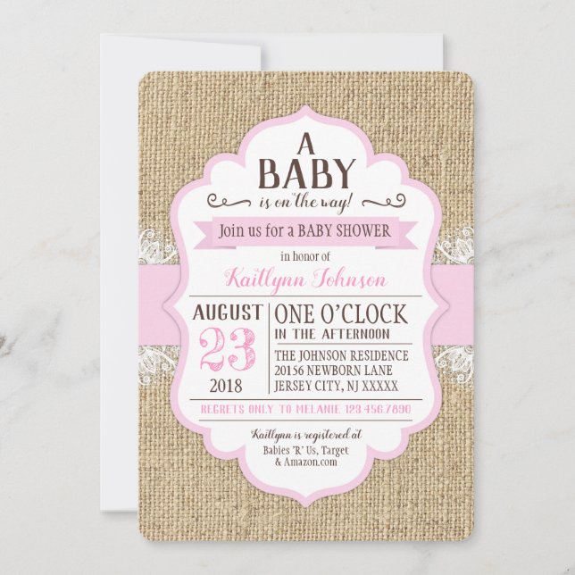 Invitation de Baby shower rose de dentelle de Burl (Devant)