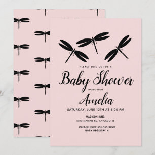 Invitation de Baby shower rose de libellules noire