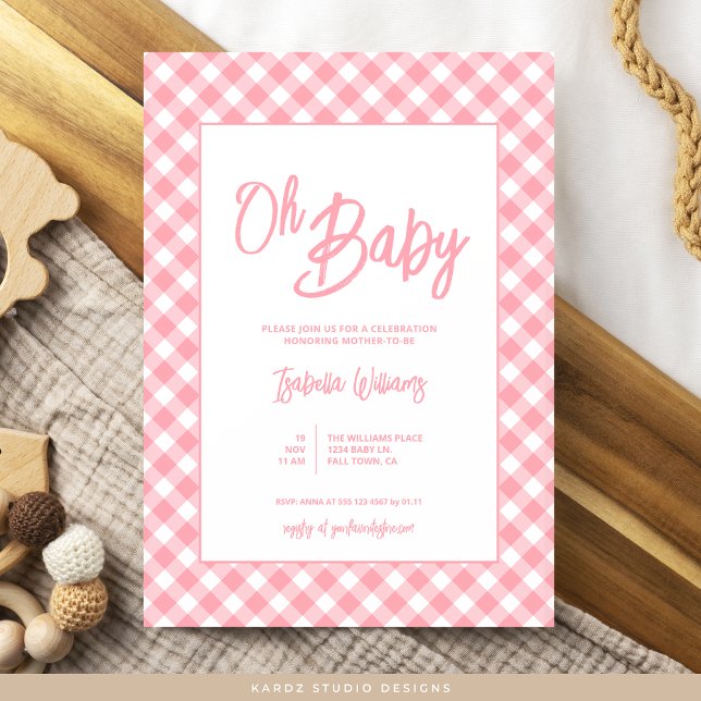 Invitation de Baby shower rose En vichy moderne (Invite shown in 5 x 7 inches. Personalize text, choose size, paper and corner style before check out)
