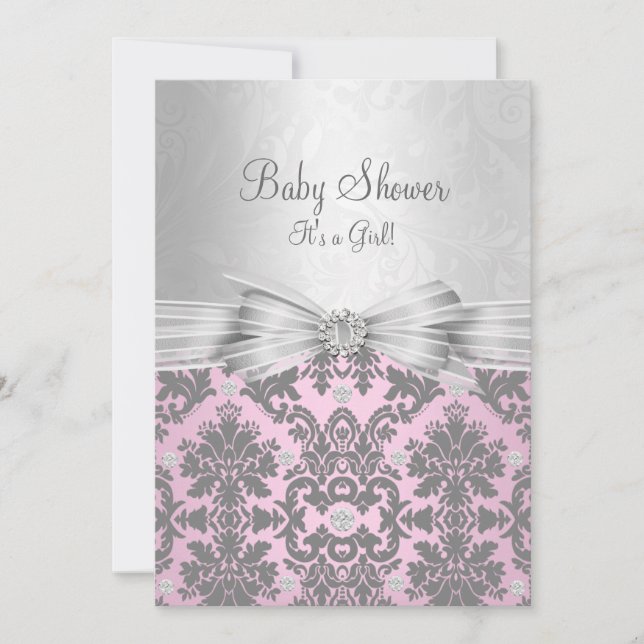 Invitation de Baby Shower Rose et Argent Damassé (Devant)