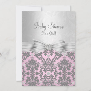 Invitation de Baby Shower Rose et Argent Damassé