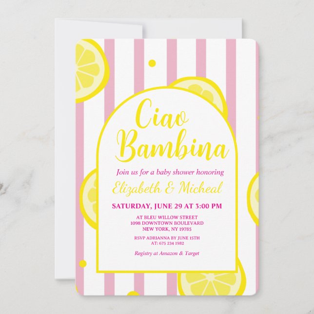 Invitation de Baby Shower Rose et Blanche 'Ciao Ba (Devant)
