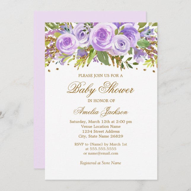 Invitation de Baby shower Rose Floral d'or violet (Devant / Derrière)