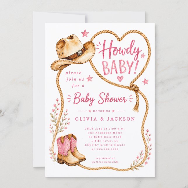 Invitation de Baby Shower Rose Howdy (Devant)