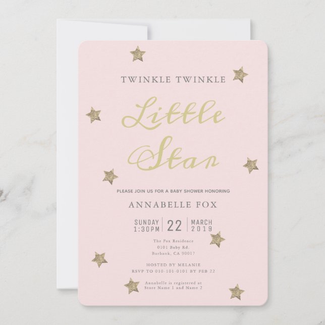 Invitation de Baby shower rose Little Star Twinkle (Devant)