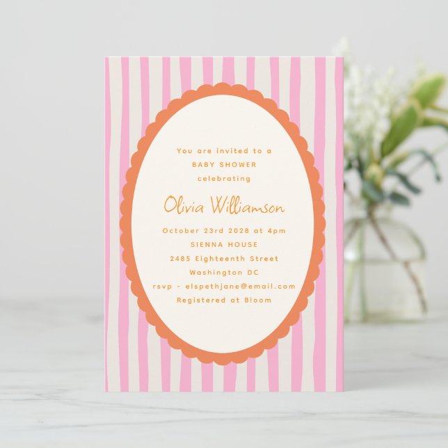 Invitation de Baby Shower Rose Orange Rayée ludiqu (Debout devant)