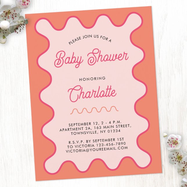 Invitation de Baby shower rose orange rétro (Retro modern wavy curve pink orange personalized baby shower invitation postcard)