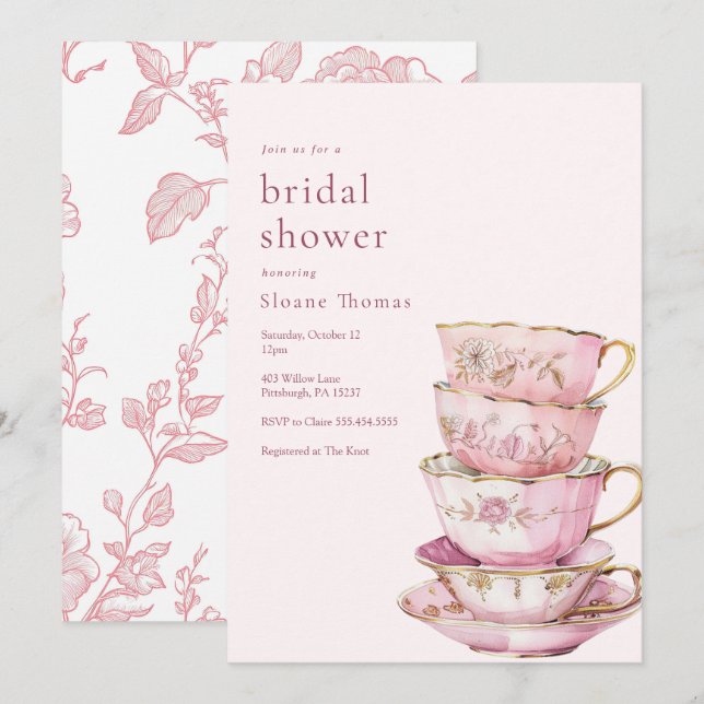 Invitation de Baby Shower Rose pour le Thé (Devant / Derrière)