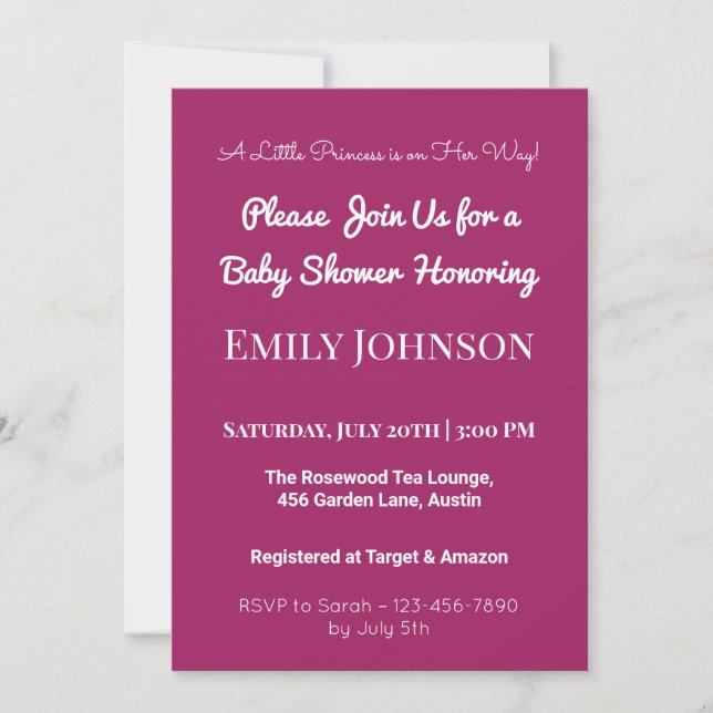 Invitation de Baby shower rose pour une fille (Devant)