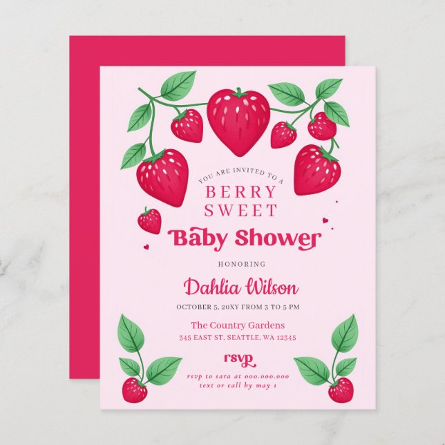 Invitation de Baby shower rose rouge rose Budget (Devant / Derrière)