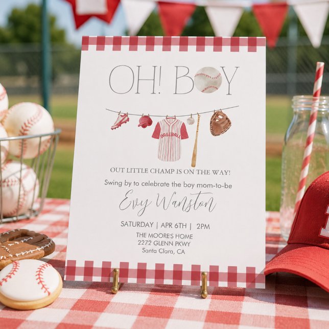 Invitation de baby shower rouge baseball Oh, garço (Créateur téléchargé)