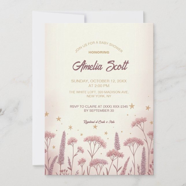 Invitation de Baby shower rustique Fleur sauvage (Devant)