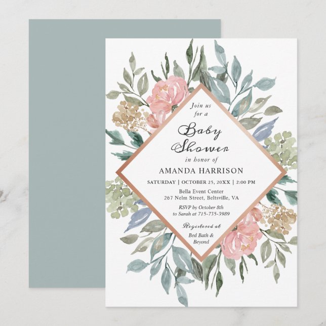 Invitation de Baby Shower Rustique Fleurie Rose Po (Devant / Derrière)