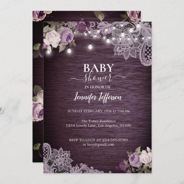 Invitation de Baby shower Rustique Floral Violet (Devant / Derrière)
