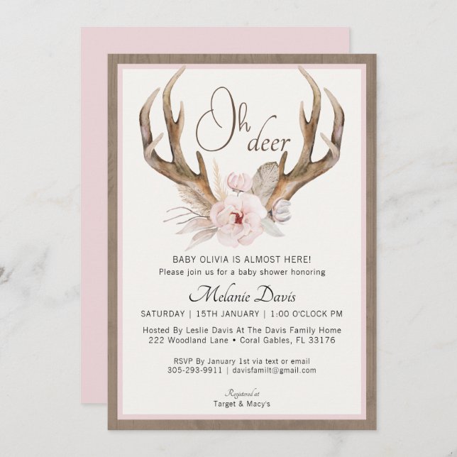 Invitation de Baby shower rustique rose vif - Boho (Devant / Derrière)