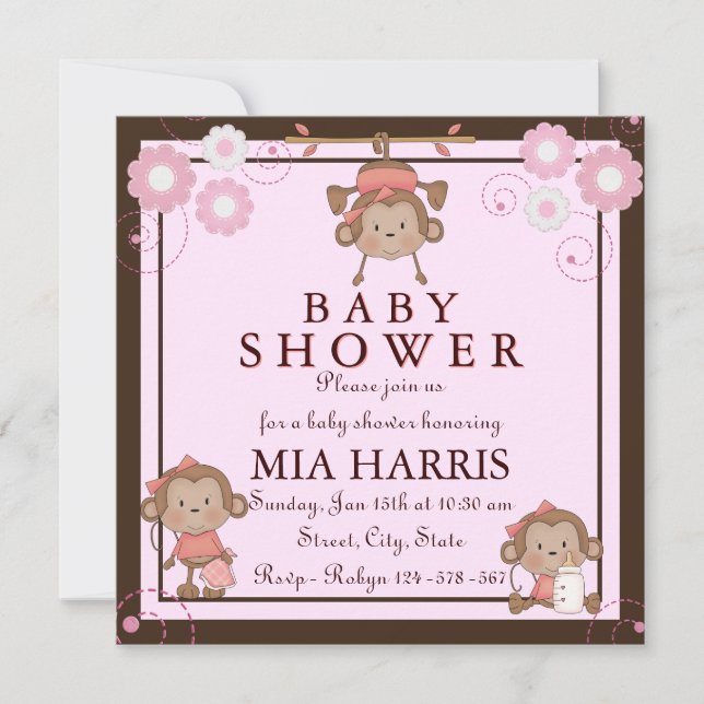 Invitation de Baby Shower Singe Rose (Devant)