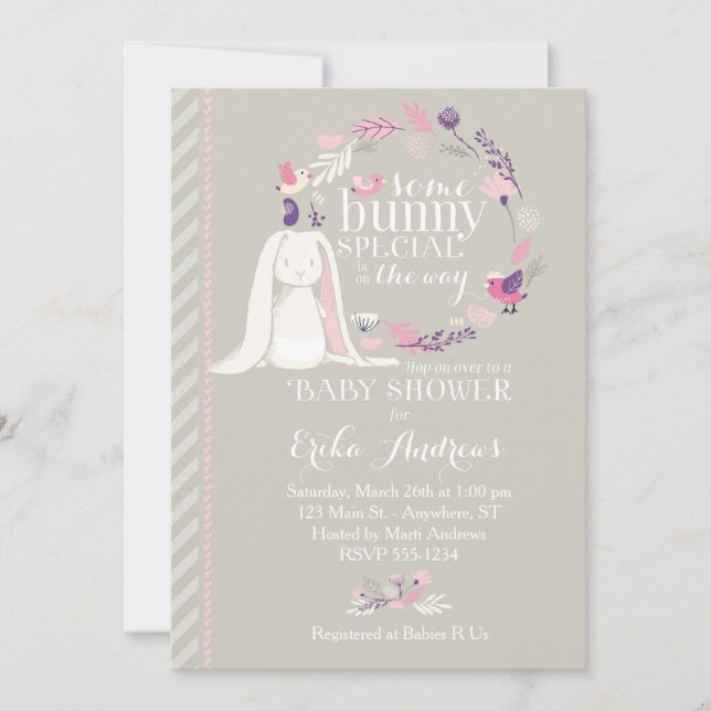 Invitation de Baby shower spécial lapin (gris) (Devant)
