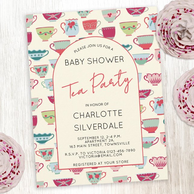 Invitation de Baby Shower sur le thème de la fête  (Modern vintage tea cups themed personalized baby shower tea party invitation postcard)