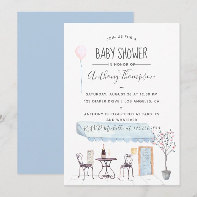 Invitation de baby shower sur le thème de Paris à  (Devant / Derrière)