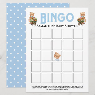 Invitation de Baby Shower Teddy Floral Bleu Bingo 