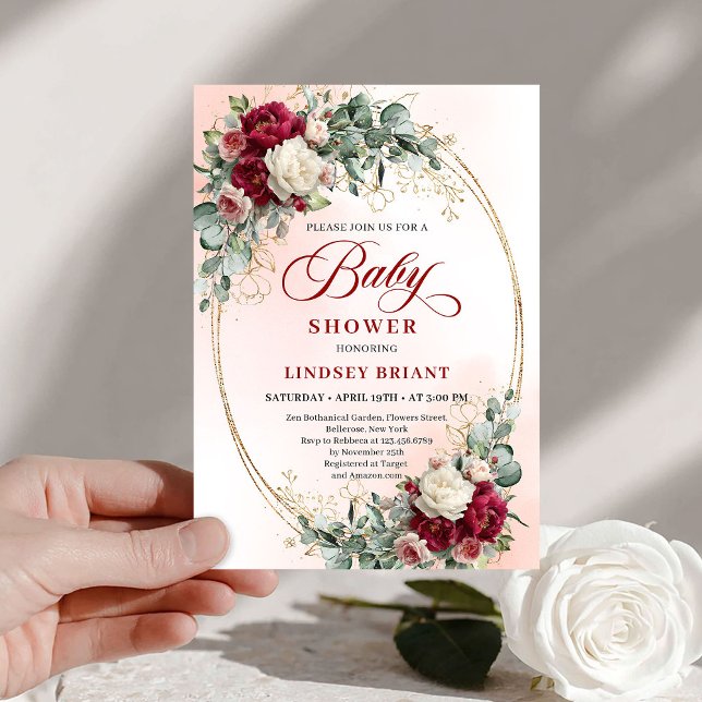 Invitation de Baby Shower Tendance Rustique Bourgo (Trendy Rustic Burgundy Gold Baby Shower Invitation)