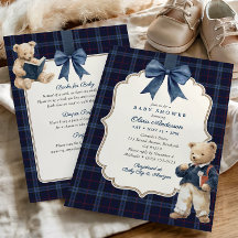 Invitation de baby shower tout-en-un Ourson Tartan