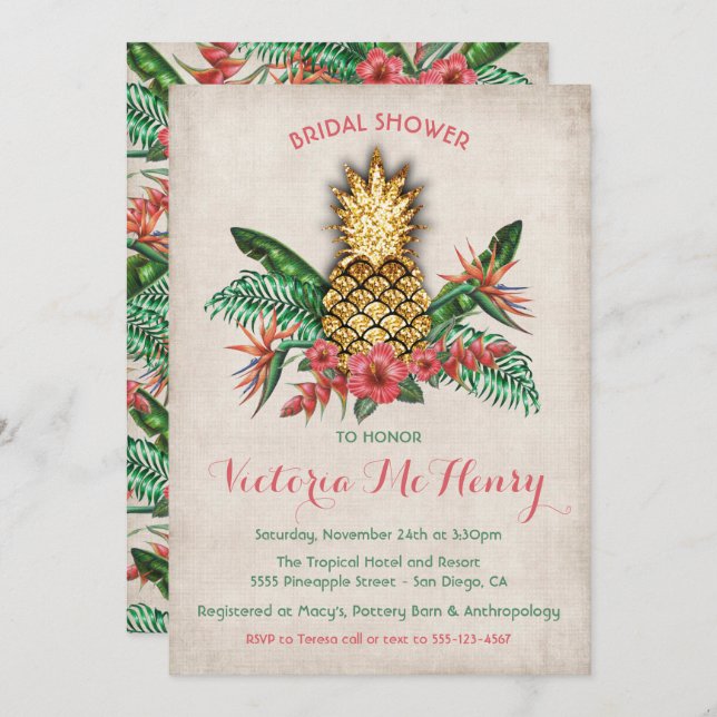 Invitation de Baby Shower Tropical Golden Pineappl (Devant / Derrière)