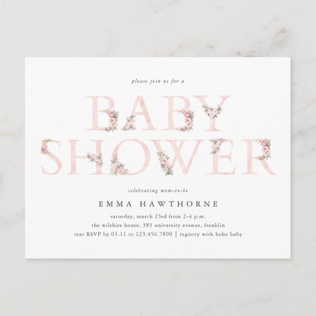 Invitation de baby shower typographique florale ro (Devant)