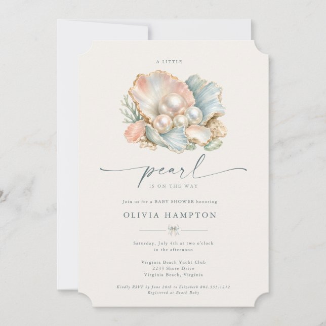 Invitation de baby shower 'Une petite perle' sur l (Devant)