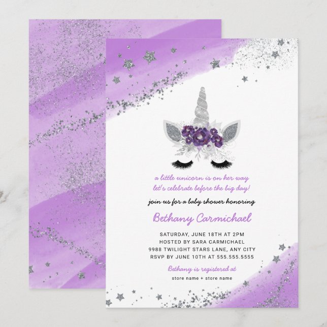 Invitation de Baby shower Unicorne d'argent violet (Devant / Derrière)