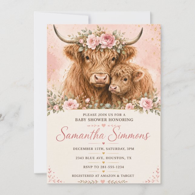 Invitation de baby shower vache highland rose (Devant)
