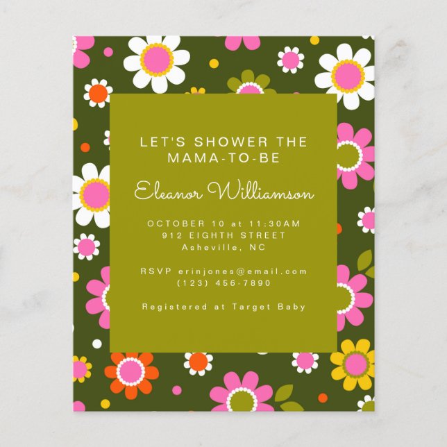 Invitation de Baby shower vert des fleurs Super bu (Devant)
