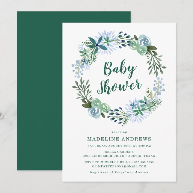 Invitation de Baby Shower Verte Florale Délicieuse (Devant / Derrière)