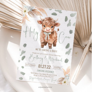 Invitation de baby shower verte Highland Cow Holy