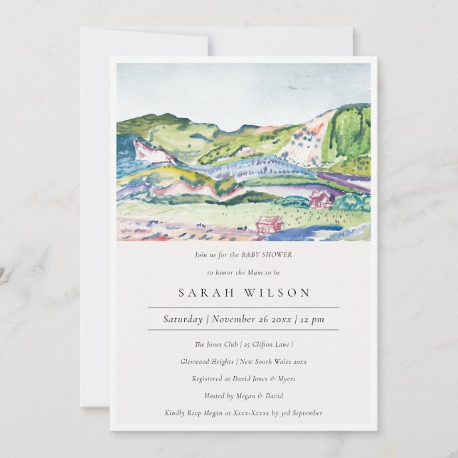Invitation de Baby shower vif Mountain Scape Blush (Devant)