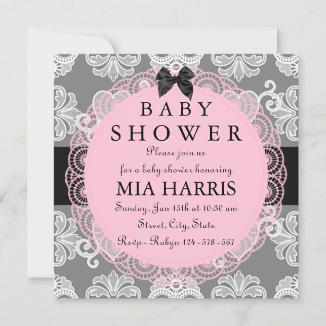 Invitation de baby shower vintage chic rose et gri (Devant)