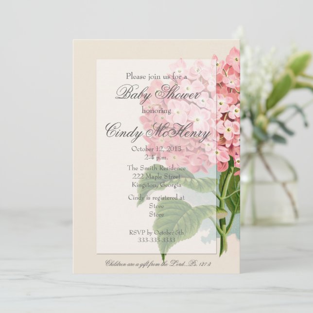 Invitation de Baby shower vintage Hydrangea (Debout devant)