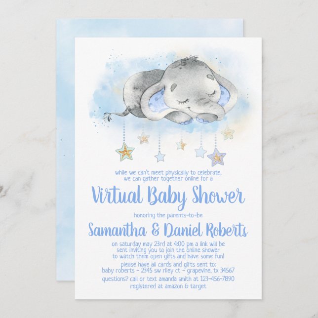 Invitation de Baby shower virtuel Boy Elephant (Devant / Derrière)