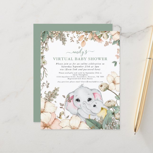 Invitation de Baby shower virtuel Budget Elephant  (Devant/Arrière en situation)