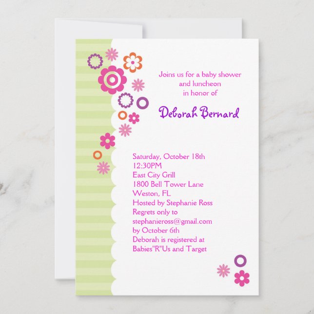 Invitation de Baby showers avec fleurs et bande (Devant)